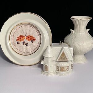 3 LENOX CHINA Items / ROUND FRAME, 1994 Sweet Shop Ornament, and ELFIN BUD VASE